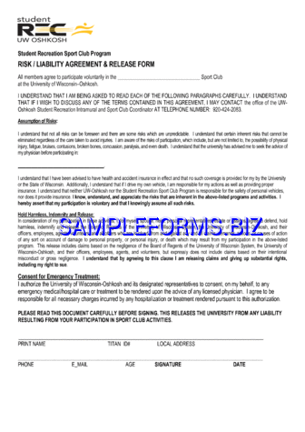 Wisconsin Risk Or Liability Agreement And Release Form